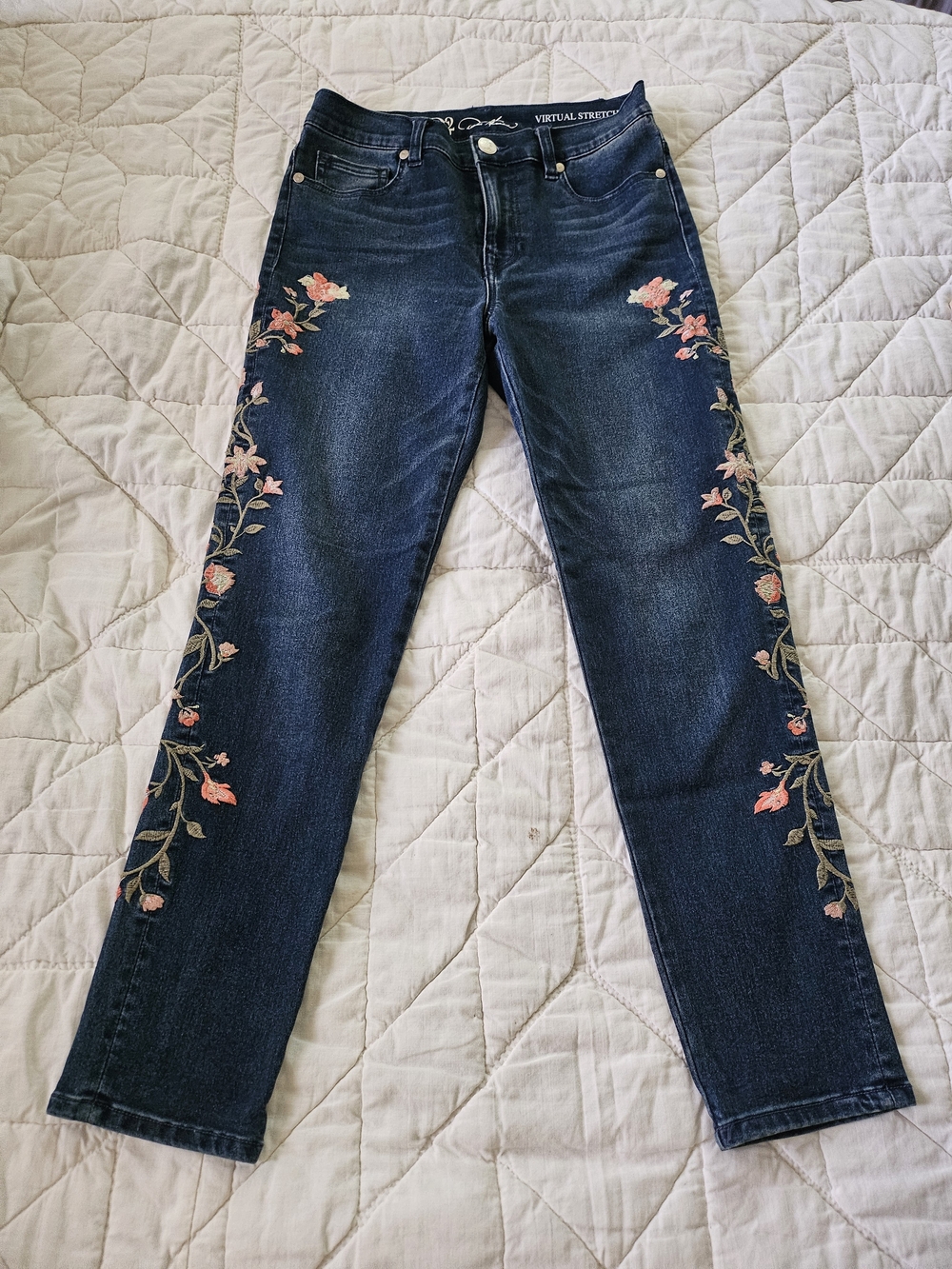 DG2 by Diane Gilman Dark Blue Straight Leg Jeans with Pink Floral Embroidery - Picture 2 of 9